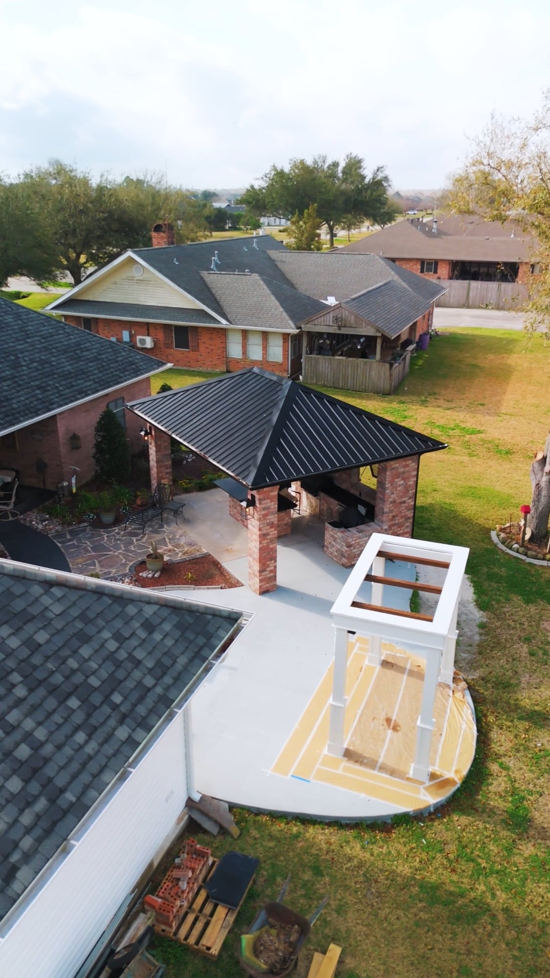 A near-finished Collins Construction outdoor pavilion build from above