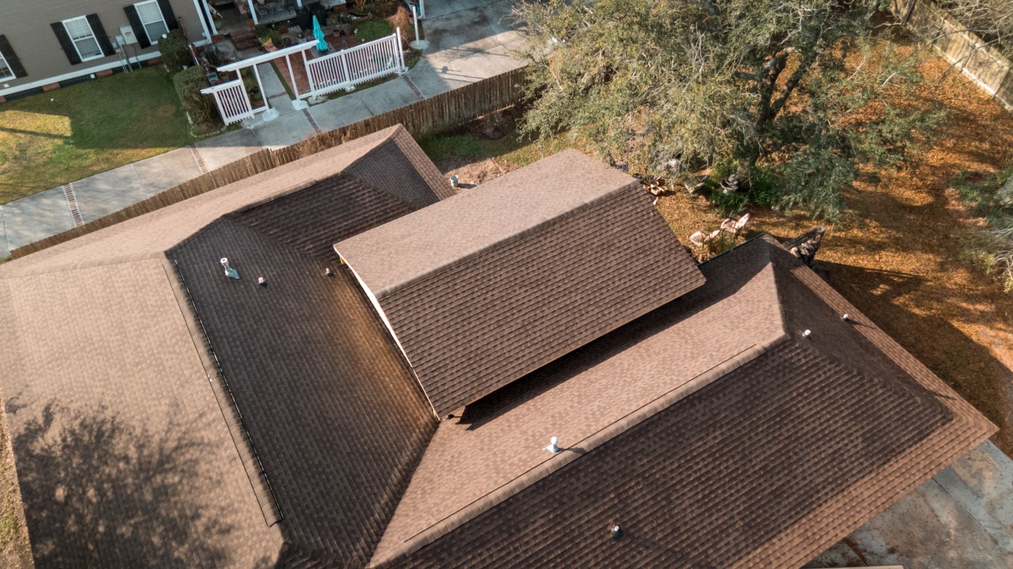 A top-down drone shot of a finished roof